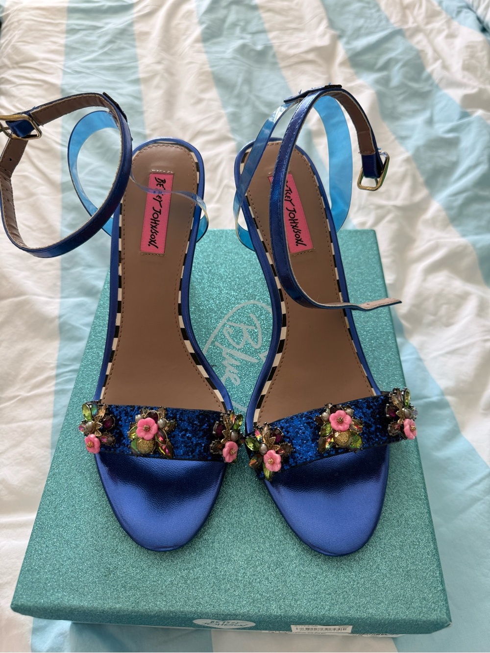 Betsey Johnson Blue Floral Embellished Heeled Sandals